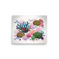 Assemblage wall art exploring sea/ocean, 'Reef Symphony'. A colorful mixed-media illustration of a tropical reef with textured coral branches and swimming fish, creating a cheerful atmosphere for a Nursery or Bathroom.