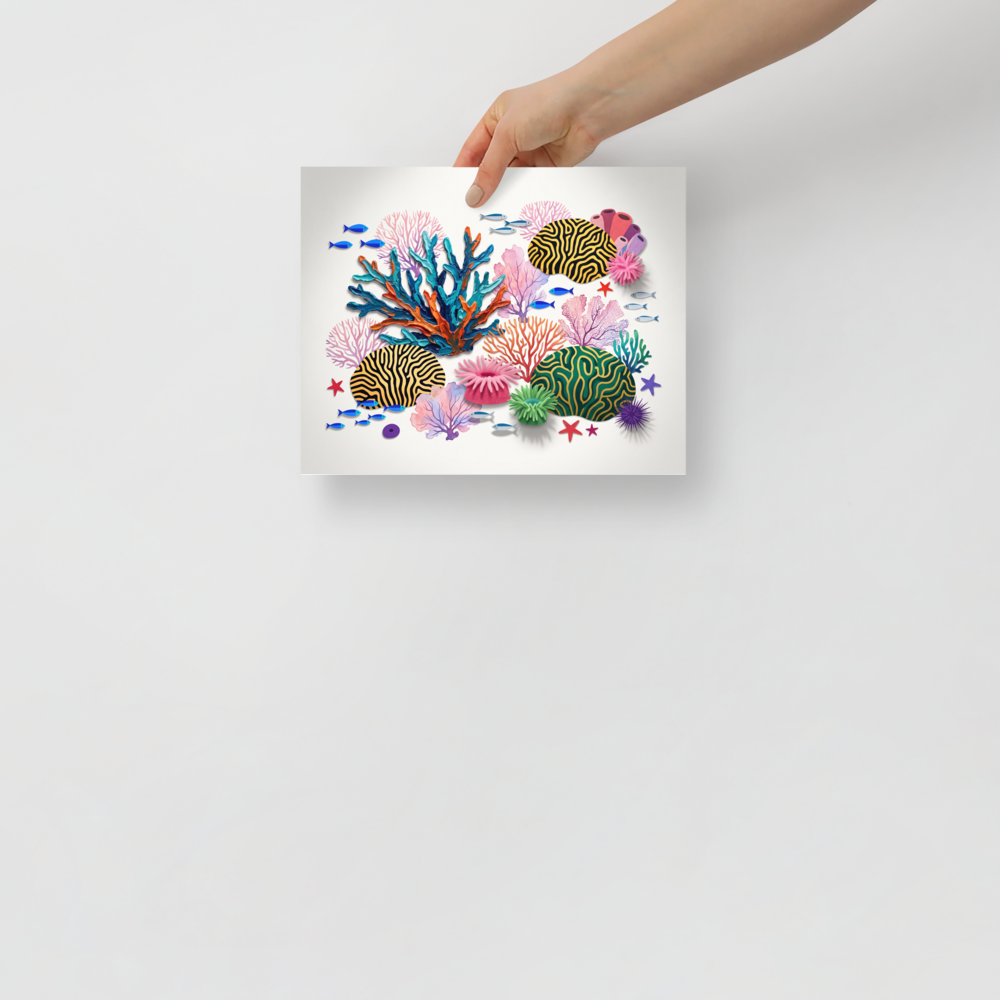 'Reef Symphony', a Assemblage wall art print. A colorful mixed-media illustration of a tropical reef with textured coral branches and swimming fish, creating a cheerful atmosphere for a Nursery or Bathroom.