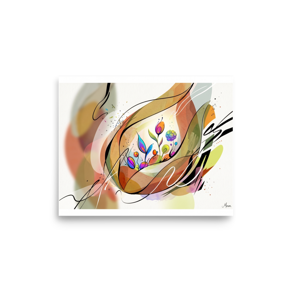 A lyrical abstract watercolor and ink composition of glowing flowers nestled within calligraphic brushstrokes, perfect for a peaceful bedroom or sunroom. A calmness piece titled 'Lyrical Blooms in Warm Light'.