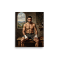 An oil painting of a muscular UFC fighter with wrapped hands sitting on a wooden bench inside a stone room overlooking a Renaissance landscape, perfect for a gym or man cave. A Renaissance print in brown and beige, 'The Renaissance Gladiator'.