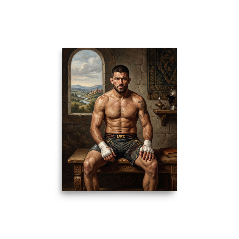 An oil painting of a muscular UFC fighter with wrapped hands sitting on a wooden bench inside a stone room overlooking a Renaissance landscape, perfect for a gym or man cave. A Renaissance print in brown and beige, 'The Renaissance Gladiator'.