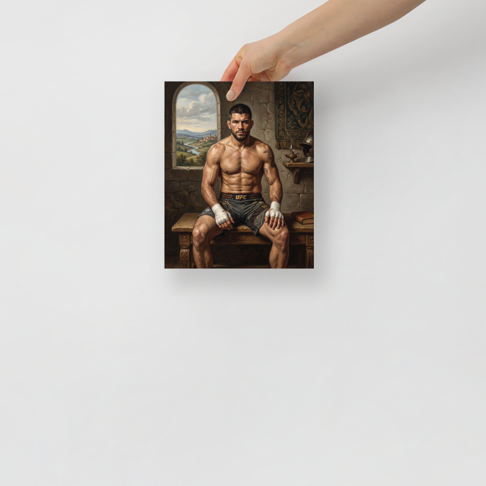 A striking scene in brown and beige, 'The Renaissance Gladiator'. An oil painting of a muscular UFC fighter with wrapped hands sitting on a wooden bench inside a stone room overlooking a Renaissance landscape, perfect for a gym or man cave.