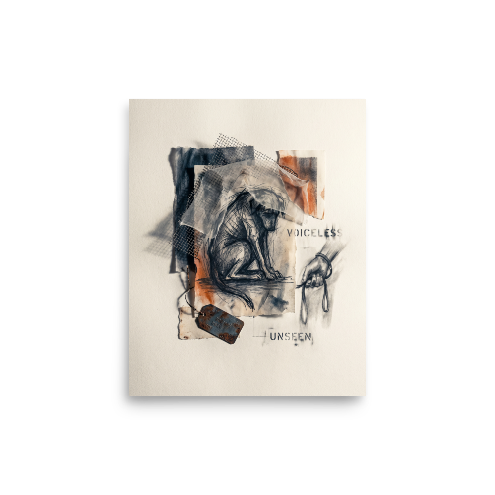 Wall art print 'Voiceless and Unseen' in a Transgressive art style. An emotional mixed-media collage featuring a charcoal drawing of a cowering dog under wire mesh and fabric, next to the stenciled words Voiceless and Unseen, suitable for a study or office.