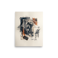 Wall art print 'Voiceless and Unseen' in a Transgressive art style. An emotional mixed-media collage featuring a charcoal drawing of a cowering dog under wire mesh and fabric, next to the stenciled words Voiceless and Unseen, suitable for a study or office.