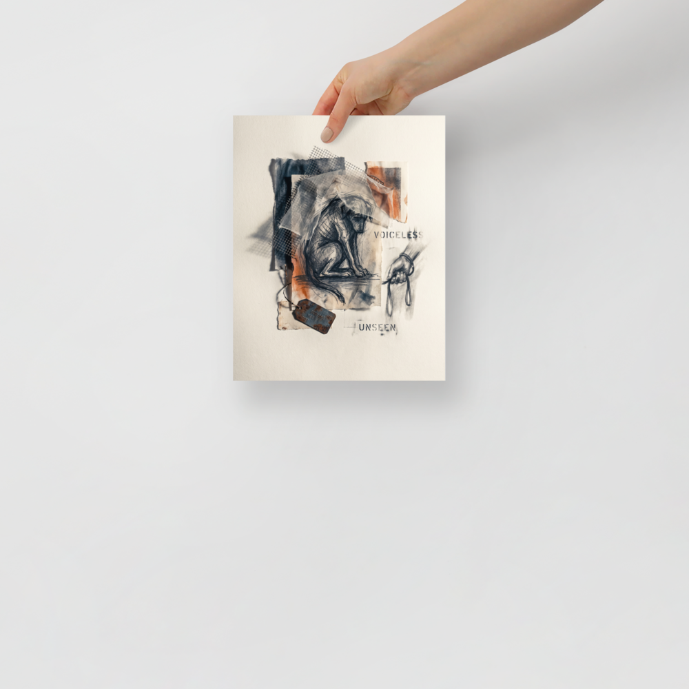 Transgressive art wall art for the office, 'Voiceless and Unseen'. An emotional mixed-media collage featuring a charcoal drawing of a cowering dog under wire mesh and fabric, next to the stenciled words Voiceless and Unseen, suitable for a study or office.