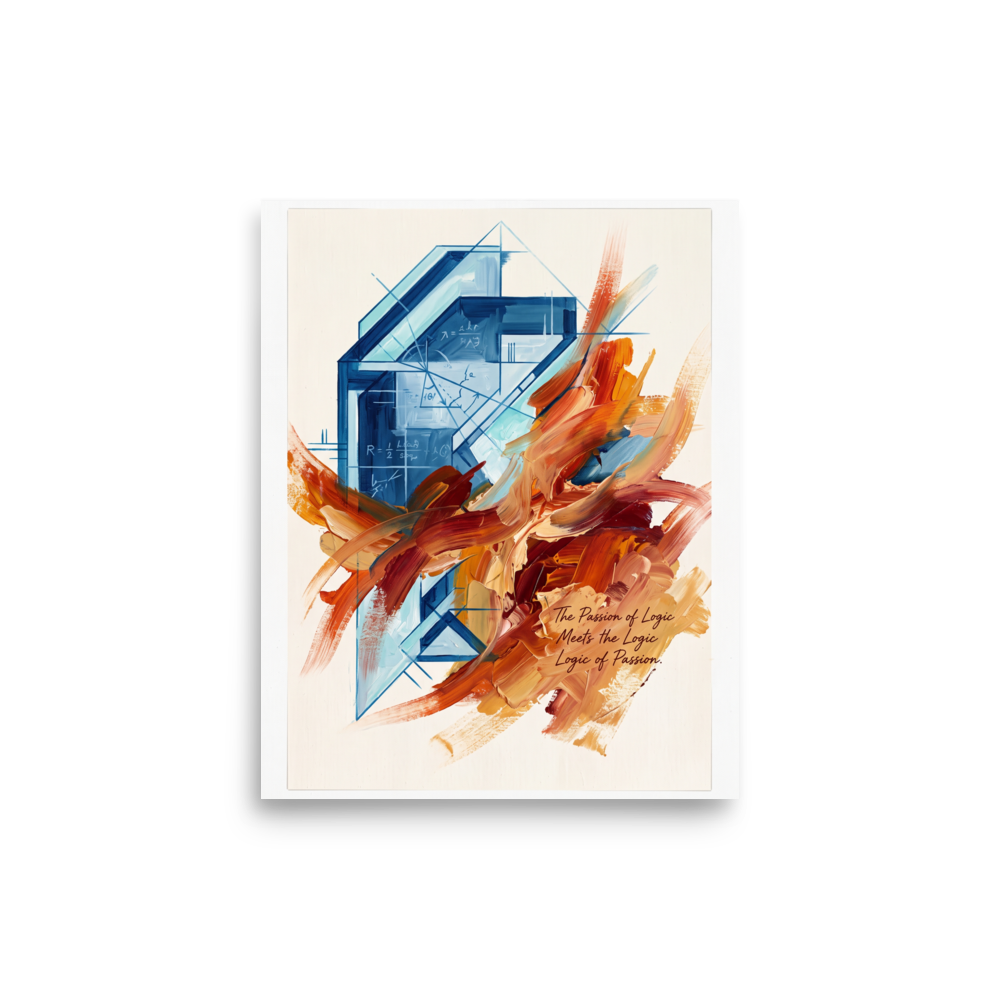 Lyco art wall art for the office, 'The Passion of Logic'. Cool blue architectural blueprints and equations intersect with dynamic sweeps of fiery orange oil paint, creating an striking contrast for modern office or living room wall decor.