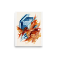 Lyco art wall art for the office, 'The Passion of Logic'. Cool blue architectural blueprints and equations intersect with dynamic sweeps of fiery orange oil paint, creating an striking contrast for modern office or living room wall decor.