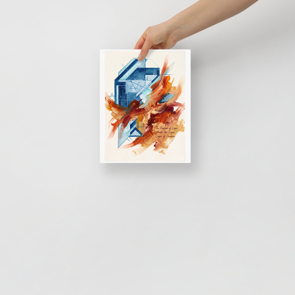 Cool blue architectural blueprints and equations intersect with dynamic sweeps of fiery orange oil paint, creating an striking contrast for modern office or living room wall decor. A Lyco art print with a impasto look, titled 'The Passion of Logic'.