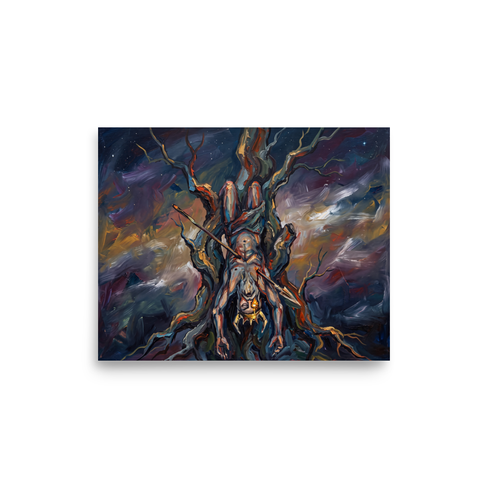 'The Hanged God' by Meron. An expressionist oil painting of a crowned figure hanging upside down from a dark, twisting tree against a starry sky, perfect for adding dramatic flair to a man cave. A Expressionism wall art print.