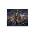 'The Hanged God' by Meron. An expressionist oil painting of a crowned figure hanging upside down from a dark, twisting tree against a starry sky, perfect for adding dramatic flair to a man cave. A Expressionism wall art print.