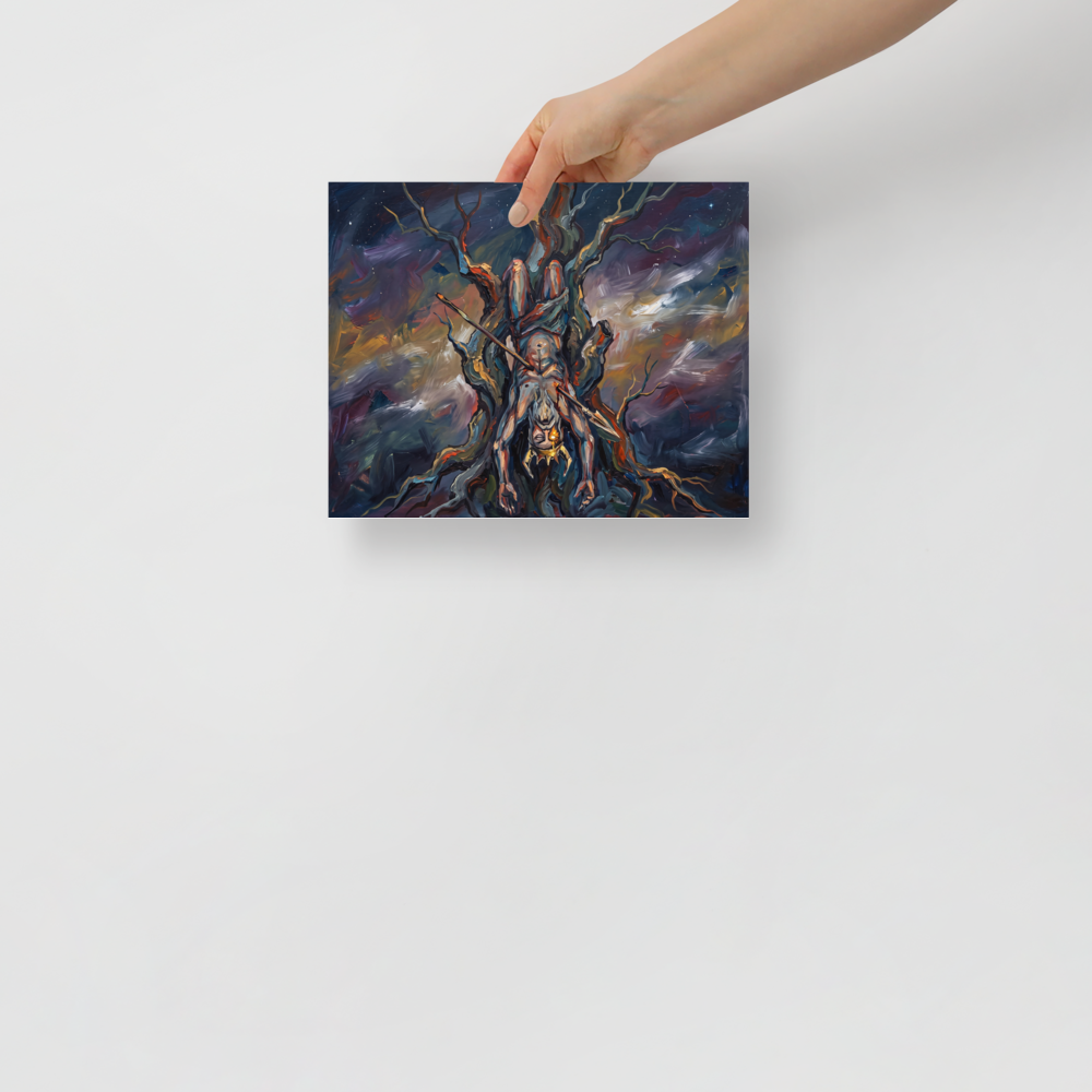 An expressionist oil painting of a crowned figure hanging upside down from a dark, twisting tree against a starry sky, perfect for adding dramatic flair to a man cave. A brooding piece titled 'The Hanged God'.