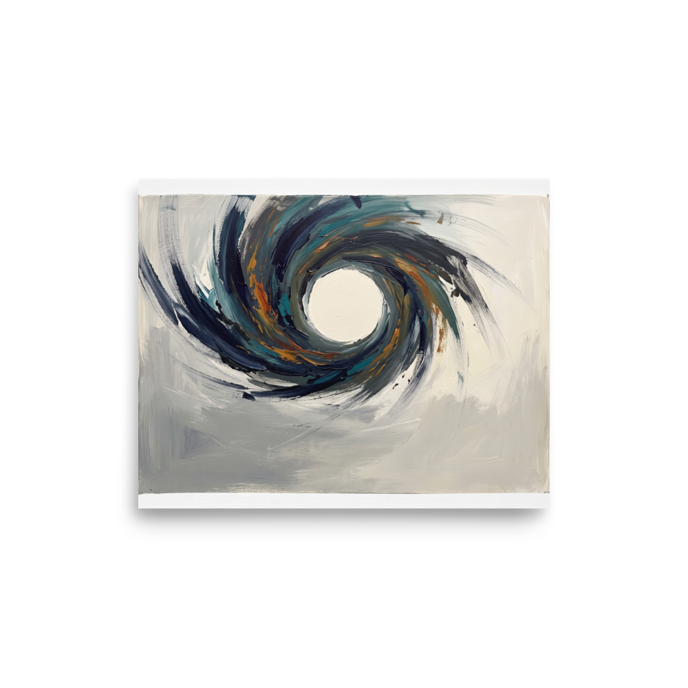 The Abstract expressionism print 'The Primordial Void'. An abstract expressionist painting featuring a powerful, swirling vortex of navy, teal, and orange around a white center on a grey canvas, ideal for a modern living room.