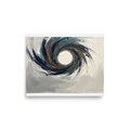 The Abstract expressionism print 'The Primordial Void'. An abstract expressionist painting featuring a powerful, swirling vortex of navy, teal, and orange around a white center on a grey canvas, ideal for a modern living room.