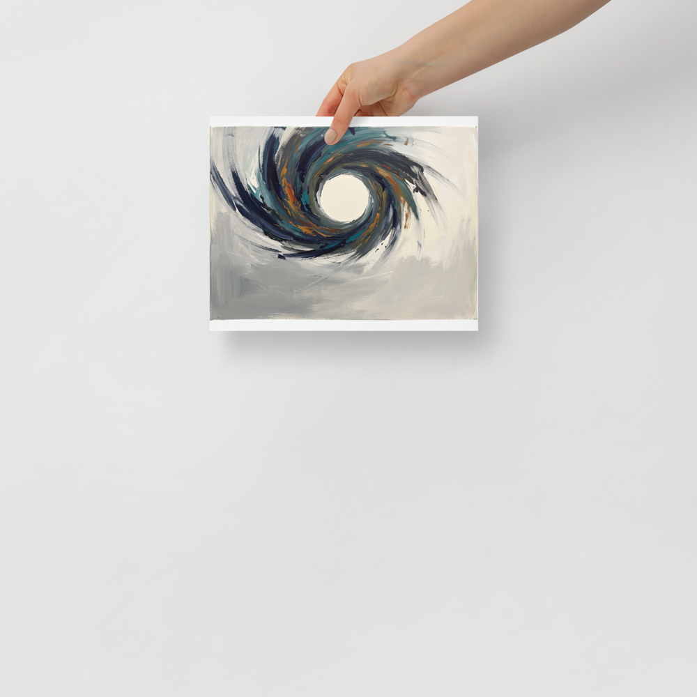 The Abstract expressionism print 'The Primordial Void'. An abstract expressionist painting featuring a powerful, swirling vortex of navy, teal, and orange around a white center on a grey canvas, ideal for a modern living room.