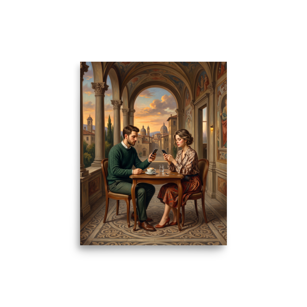 Renaissance wall art, 'Loggia of Distraction'. An oil painting depicting a modern man and woman sitting at a cafe table in a classical Renaissance loggia overlooking a sunset, both engrossed in their smartphones, ideal for a living room or office.