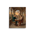 Renaissance wall art, 'Loggia of Distraction'. An oil painting depicting a modern man and woman sitting at a cafe table in a classical Renaissance loggia overlooking a sunset, both engrossed in their smartphones, ideal for a living room or office.