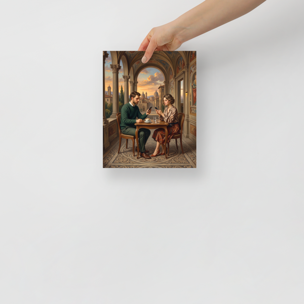 Renaissance wall art for the living room, 'Loggia of Distraction'. An oil painting depicting a modern man and woman sitting at a cafe table in a classical Renaissance loggia overlooking a sunset, both engrossed in their smartphones, ideal for a living room or office.