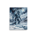 A moody oil painting of a giant ice titan walking through snowy mountains, perfectly suited for a Den or Man Cave. A Expressionism print with a oil painting look, titled 'Titan of the Frost'.