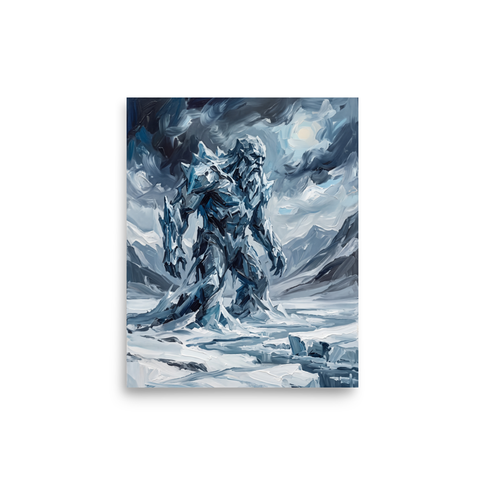 A moody oil painting of a giant ice titan walking through snowy mountains, perfectly suited for a Den or Man Cave. A Expressionism print with a oil painting look, titled 'Titan of the Frost'.