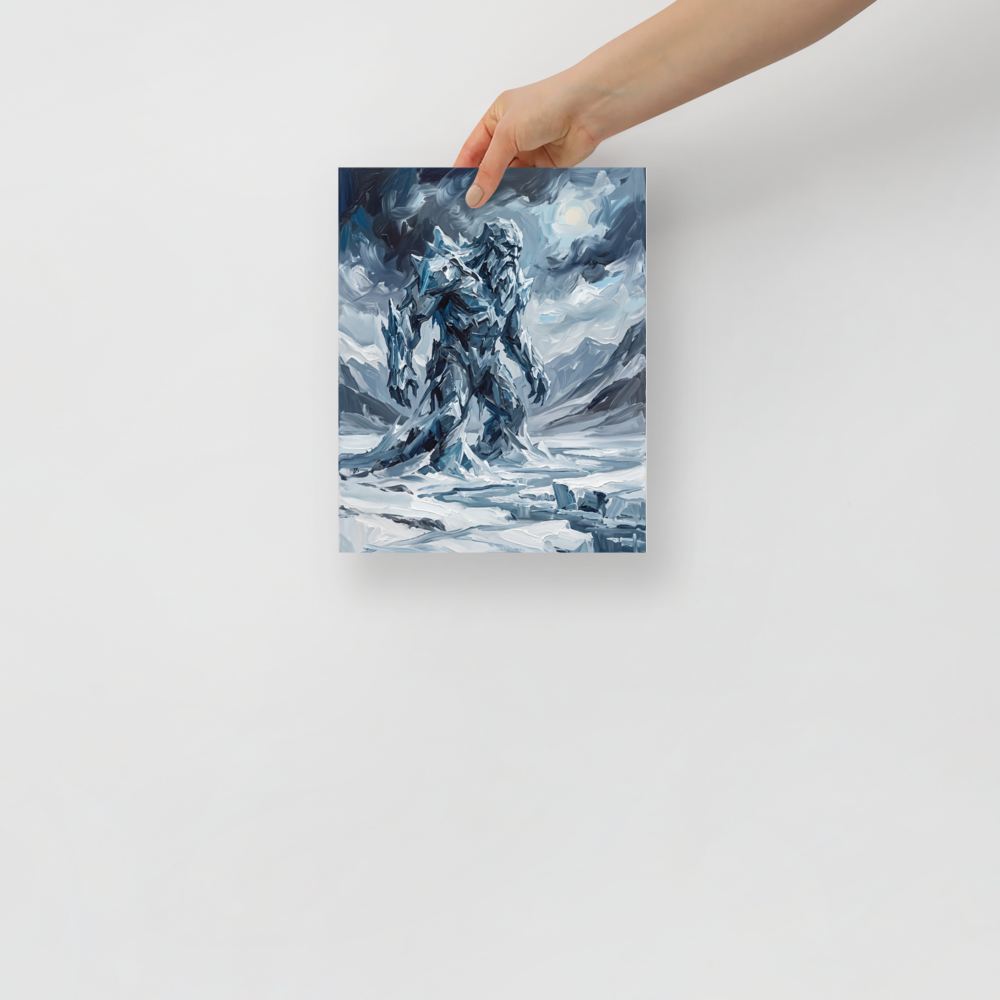 'Titan of the Frost', part of Meron's Expressionism wall art. A moody oil painting of a giant ice titan walking through snowy mountains, perfectly suited for a Den or Man Cave.