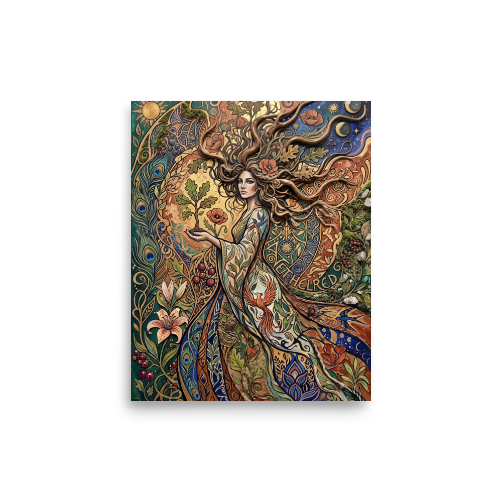 'Goddess of the Sacred Oak'. An ornate Art Nouveau painting of a nature goddess holding a young oak sapling amidst poppies, peacock feathers, and golden celestial symbols, bringing enchanting wonder to a bedroom or living room. Offered as a Art Nouveau print.