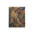 'Goddess of the Sacred Oak'. An ornate Art Nouveau painting of a nature goddess holding a young oak sapling amidst poppies, peacock feathers, and golden celestial symbols, bringing enchanting wonder to a bedroom or living room. Offered as a Art Nouveau print.