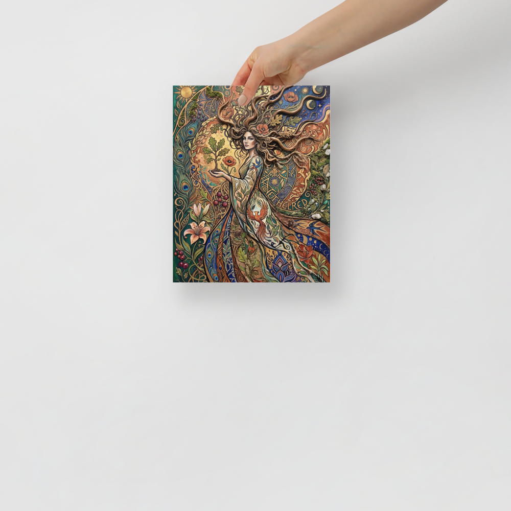 'Goddess of the Sacred Oak', Art Nouveau wall art in gold and dark green. An ornate Art Nouveau painting of a nature goddess holding a young oak sapling amidst poppies, peacock feathers, and golden celestial symbols, bringing enchanting wonder to a bedroom or living room.