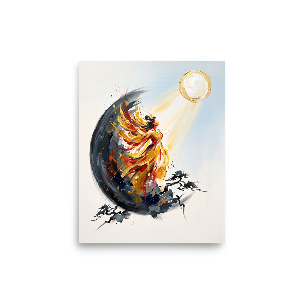 The Expressionism print 'Ascent of the Sun Goddess'. An expressionistic painting of a fiery celestial goddess rising towards the sun, framed by dark ink-like branches, perfect for an uplifting Bedroom.