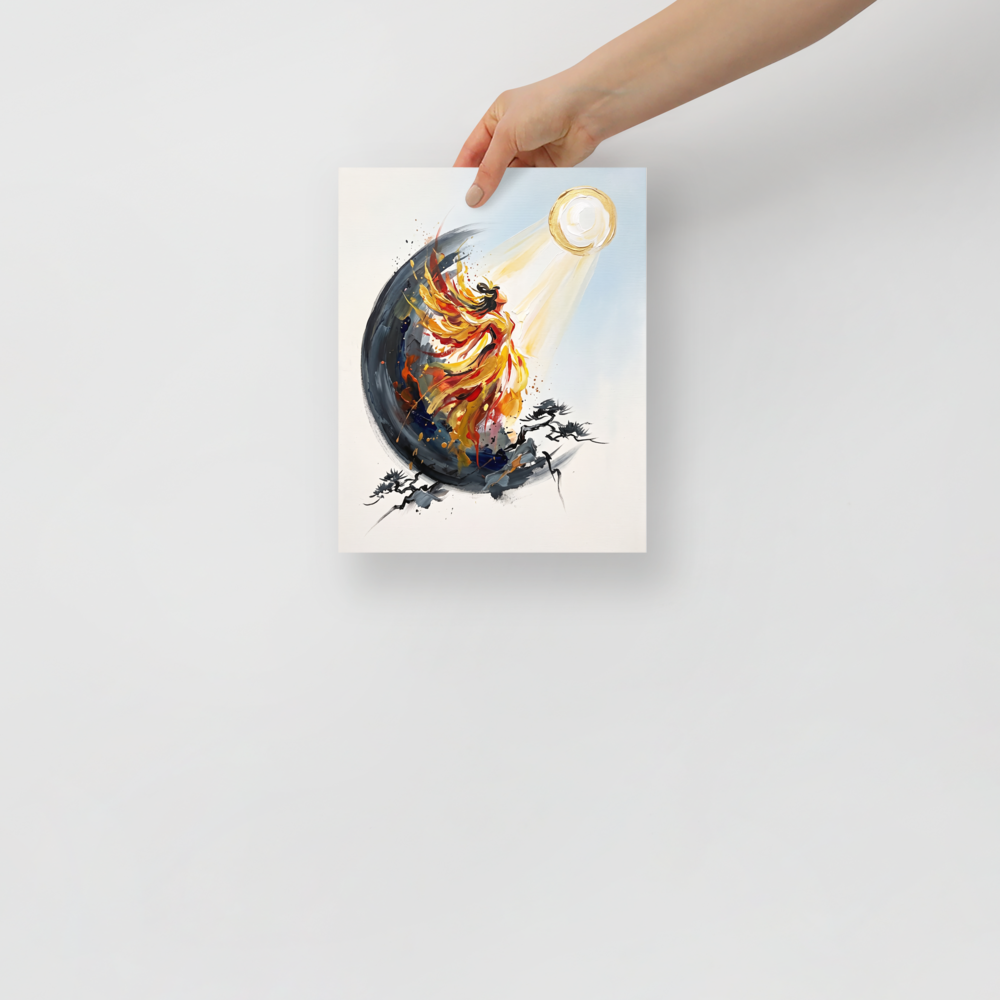 An expressionistic painting of a fiery celestial goddess rising towards the sun, framed by dark ink-like branches, perfect for an uplifting Bedroom. A Expressionism art print titled 'Ascent of the Sun Goddess'.
