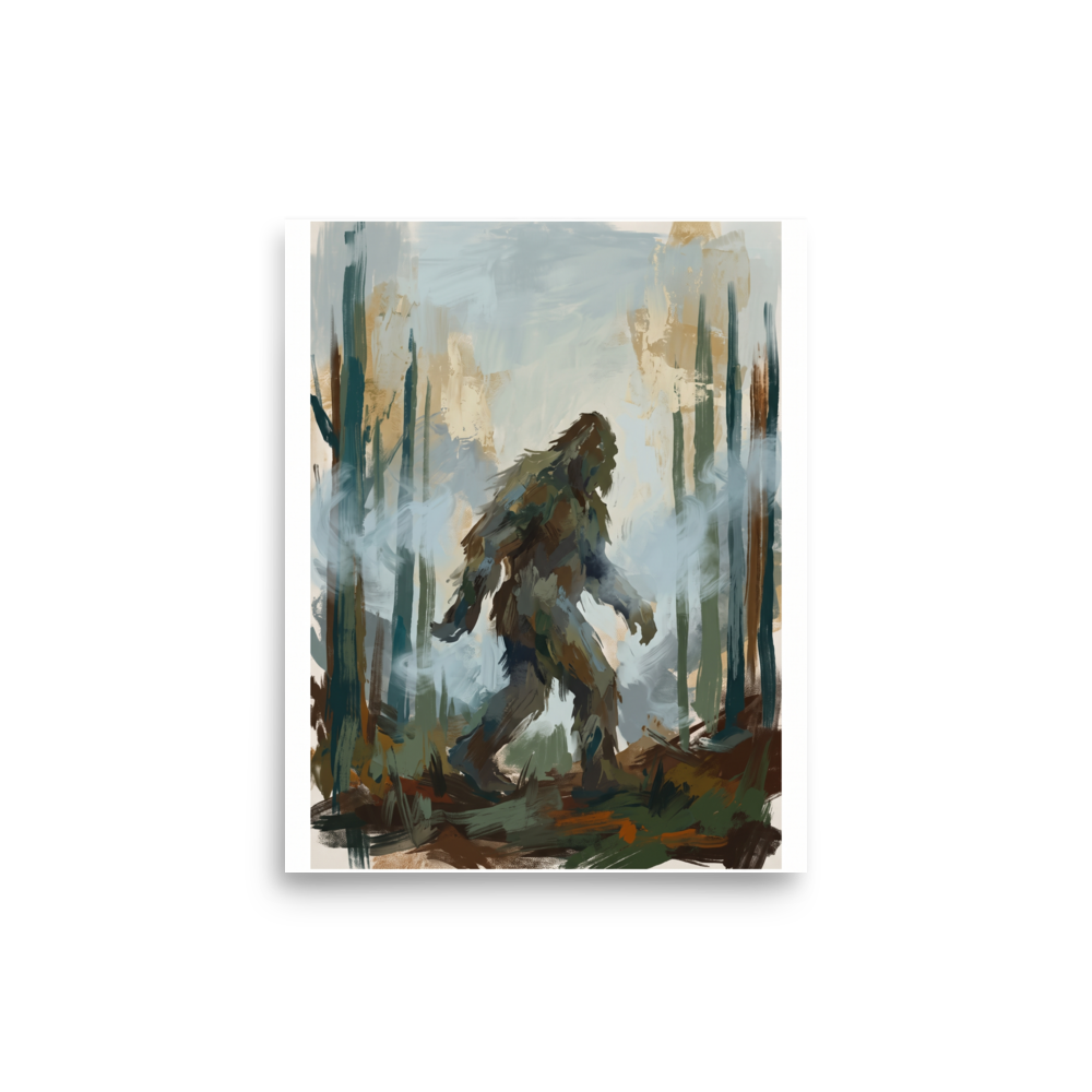 'Shadow of Pines', a Impressionism wall art print. Atmospheric painterly print of a Bigfoot walking through misty pine trees, ideal for a living room wall.