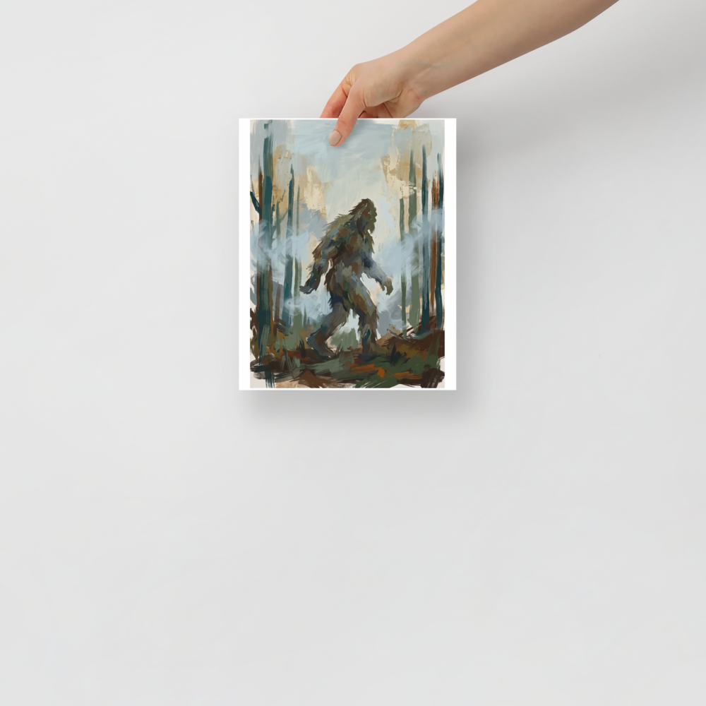 Atmospheric painterly print of a Bigfoot walking through misty pine trees, ideal for a living room wall. A mystical / mysterious piece titled 'Shadow of Pines'.