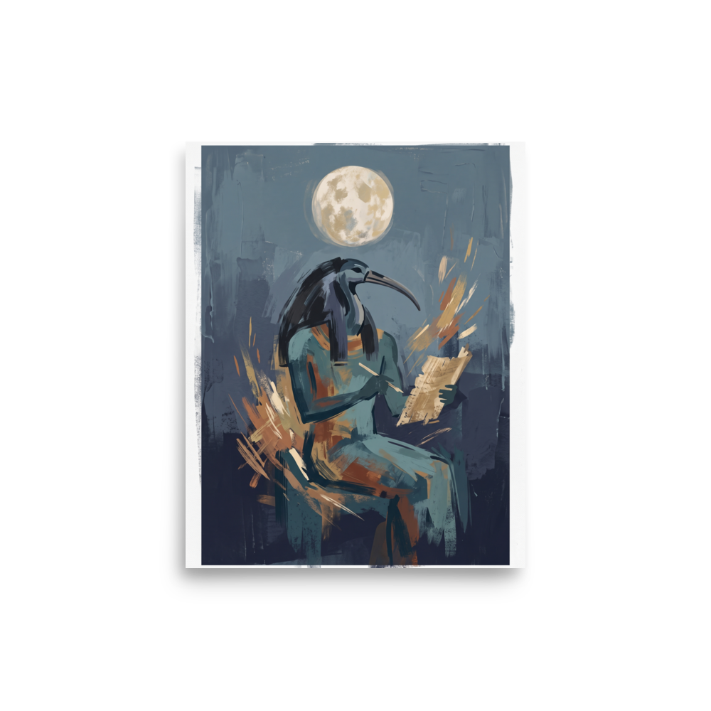Expressionism wall art, 'The Scribe's Moonlight'. An expressive painting of the Egyptian god Thoth writing on a scroll under a full moon, featuring steel blue and sandy gold tones, ideal for a library or office.
