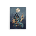 Expressionism wall art, 'The Scribe's Moonlight'. An expressive painting of the Egyptian god Thoth writing on a scroll under a full moon, featuring steel blue and sandy gold tones, ideal for a library or office.