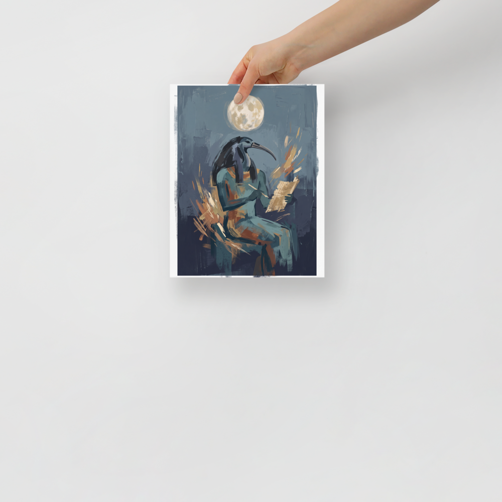 'The Scribe's Moonlight' by Meron. An expressive painting of the Egyptian god Thoth writing on a scroll under a full moon, featuring steel blue and sandy gold tones, ideal for a library or office. A Expressionism wall art print.