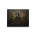 A brooding Symbolism print, 'Emblem of the Hydra'. Moody dark oil painting of a three-headed serpent bound by a carved bronze ring, ideal wall art for a man cave.