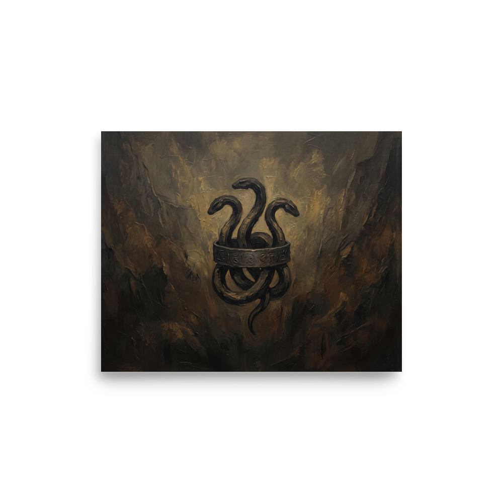A brooding Symbolism print, 'Emblem of the Hydra'. Moody dark oil painting of a three-headed serpent bound by a carved bronze ring, ideal wall art for a man cave.