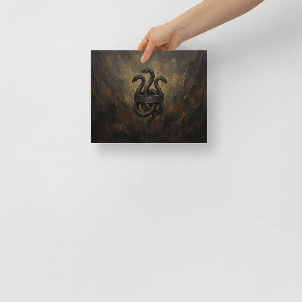 Moody dark oil painting of a three-headed serpent bound by a carved bronze ring, ideal wall art for a man cave. A Symbolism print in black and brown, 'Emblem of the Hydra'.