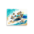 A calmness Dau-al-Set print, 'Coastal Assemblage'. An abstract coastal watercolor and collage painting of a beach cabana, sailboats, and seashells in vibrant turquoise and aquamarine washes on white paper, perfect for a living room.