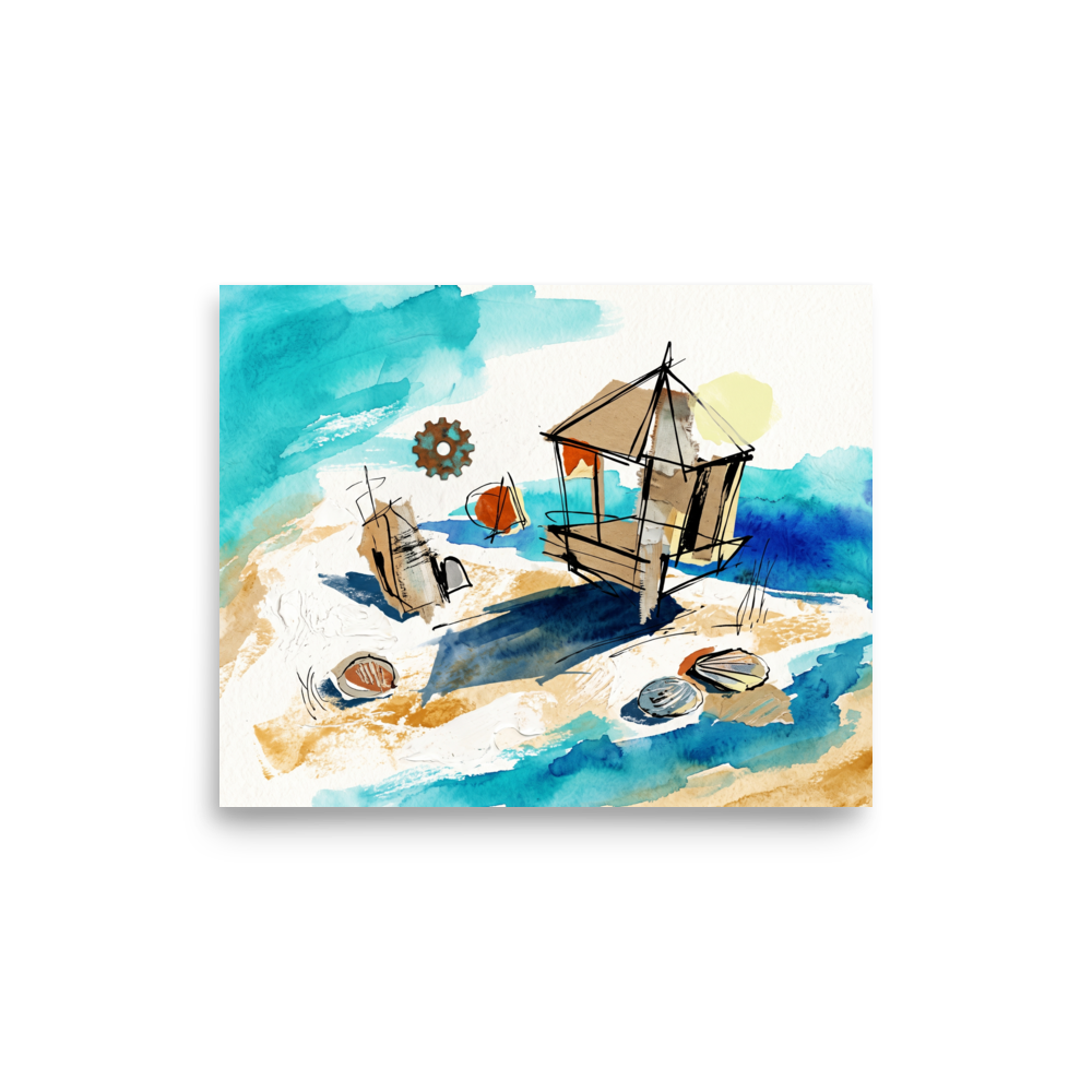 A calmness Dau-al-Set print, 'Coastal Assemblage'. An abstract coastal watercolor and collage painting of a beach cabana, sailboats, and seashells in vibrant turquoise and aquamarine washes on white paper, perfect for a living room.