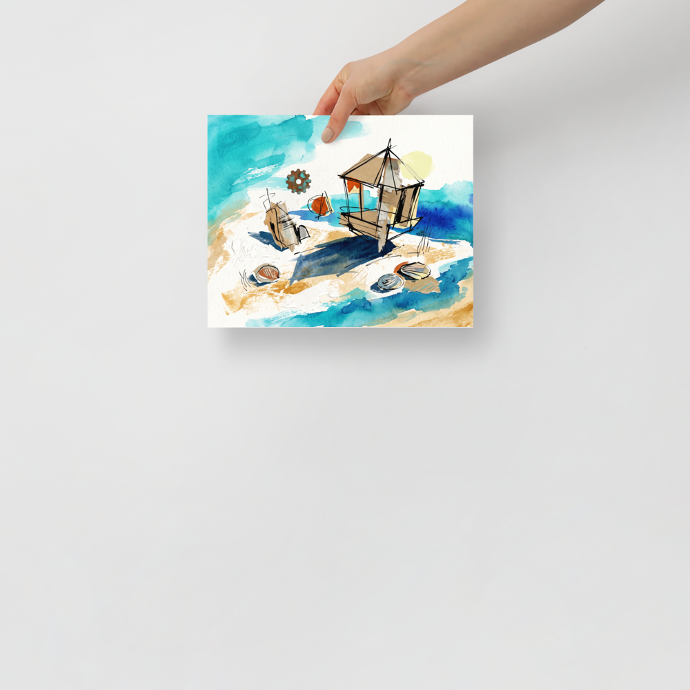 An abstract coastal watercolor and collage painting of a beach cabana, sailboats, and seashells in vibrant turquoise and aquamarine washes on white paper, perfect for a living room. A Dau-al-Set print with a watercolor painting look, titled 'Coastal Assemblage'.