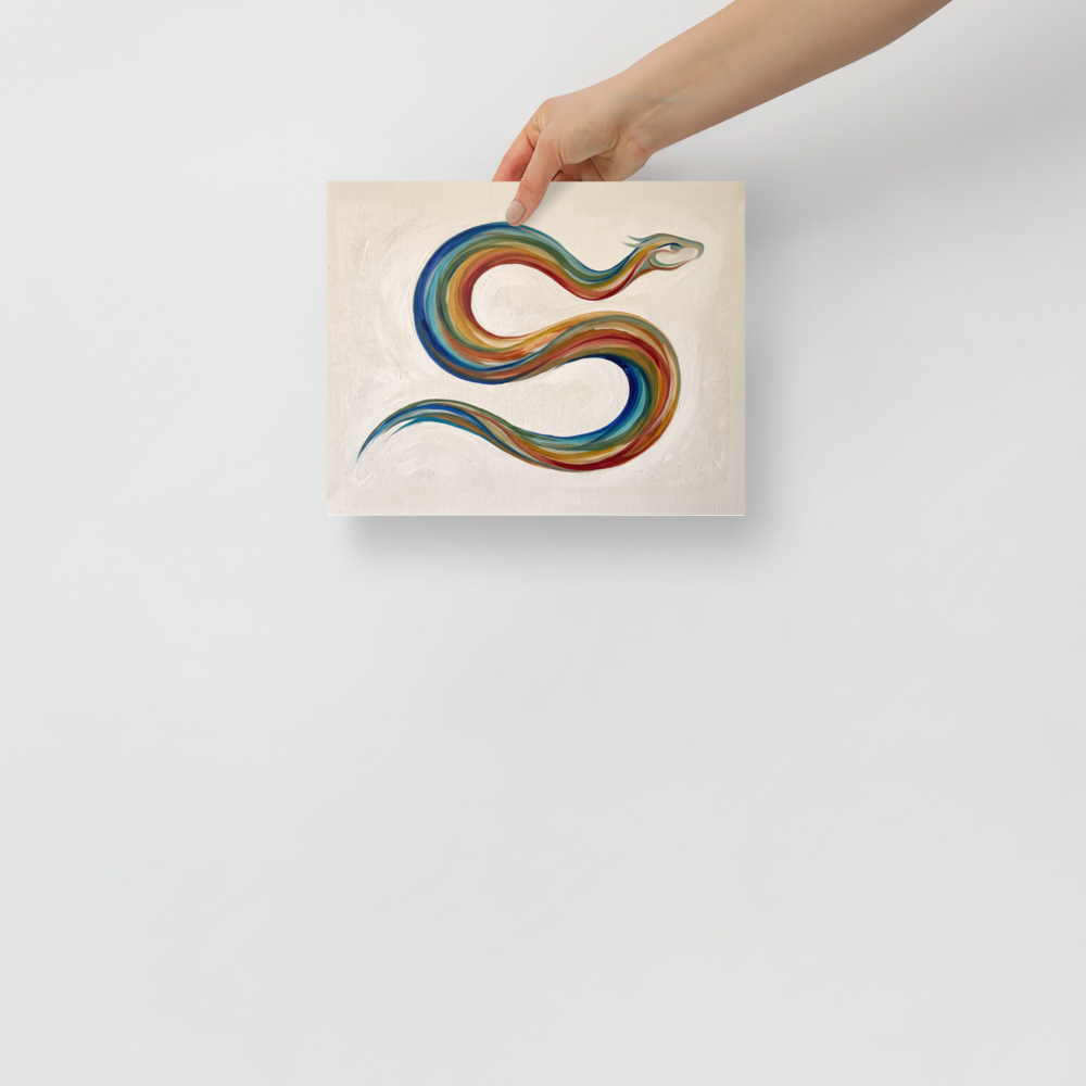 A calmness scene in blue and crimson, 'Path of the Rainbow Serpent'. Minimalist painting of the mythical Rainbow Serpent in colorful sweeping S-curves, perfect wall art for an entryway.