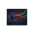 A dark painting of a leaping fox with a colorful, magical tail of orange, green, and purple fire, perfect for a mystical Game Room. A Expressionism print in dark slate gray and orange, 'The Spirit Fox'.