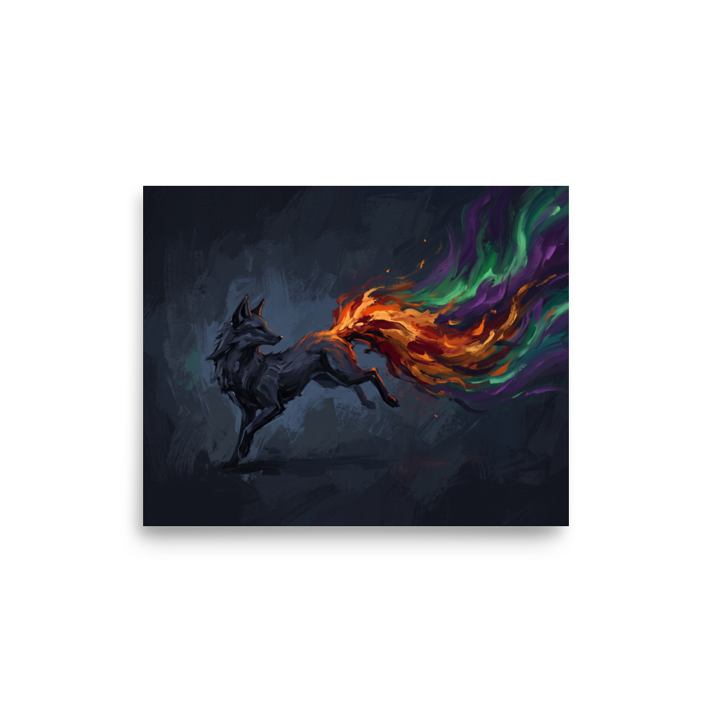 A dark painting of a leaping fox with a colorful, magical tail of orange, green, and purple fire, perfect for a mystical Game Room. A Expressionism print in dark slate gray and orange, 'The Spirit Fox'.