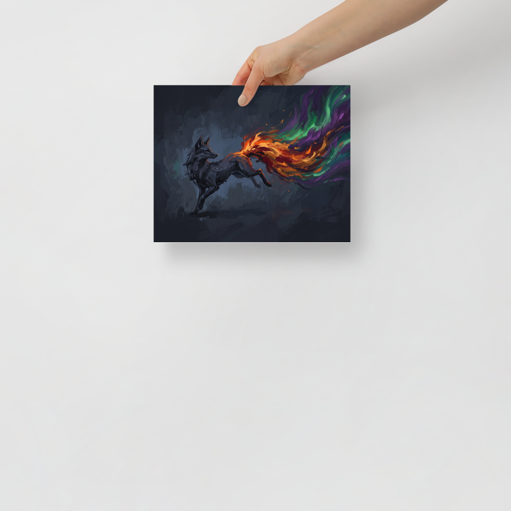 'The Spirit Fox' by Meron. A dark painting of a leaping fox with a colorful, magical tail of orange, green, and purple fire, perfect for a mystical Game Room. A Expressionism wall art print.