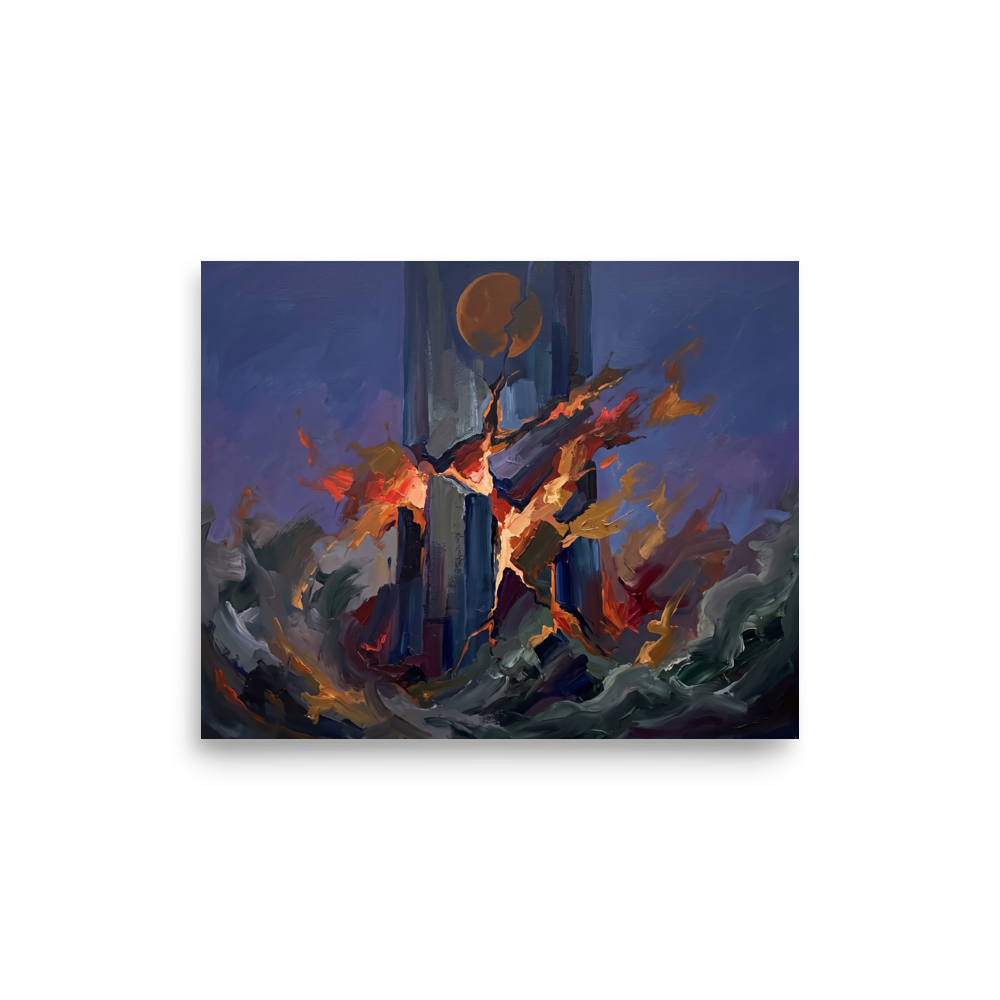 'The Falling Tower', Expressionism wall art in dark slate blue and dark orange. Dramatic expressionist painting of a stone tower breaking apart in fiery explosion, ideal for a living room wall.