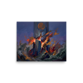 'The Falling Tower', Expressionism wall art in dark slate blue and dark orange. Dramatic expressionist painting of a stone tower breaking apart in fiery explosion, ideal for a living room wall.