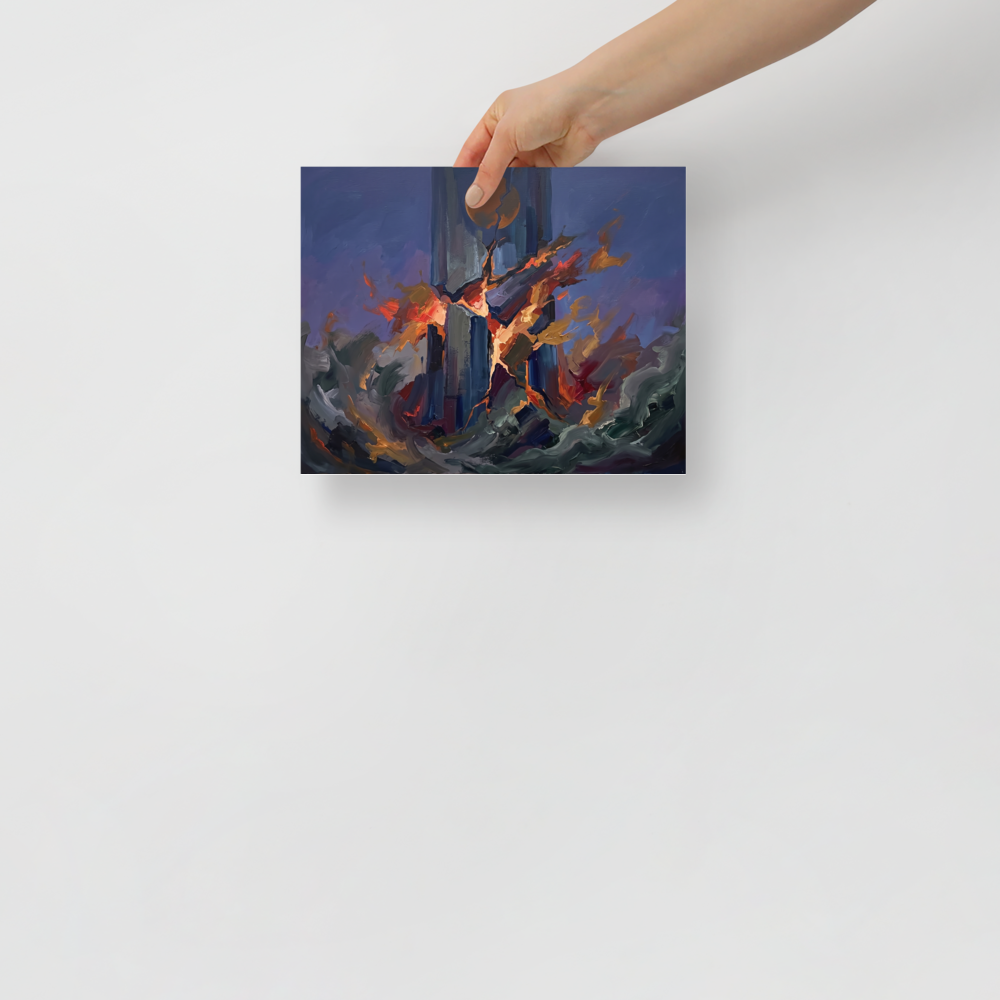 Dramatic expressionist painting of a stone tower breaking apart in fiery explosion, ideal for a living room wall. Shown here as the Expressionism print 'The Falling Tower'.