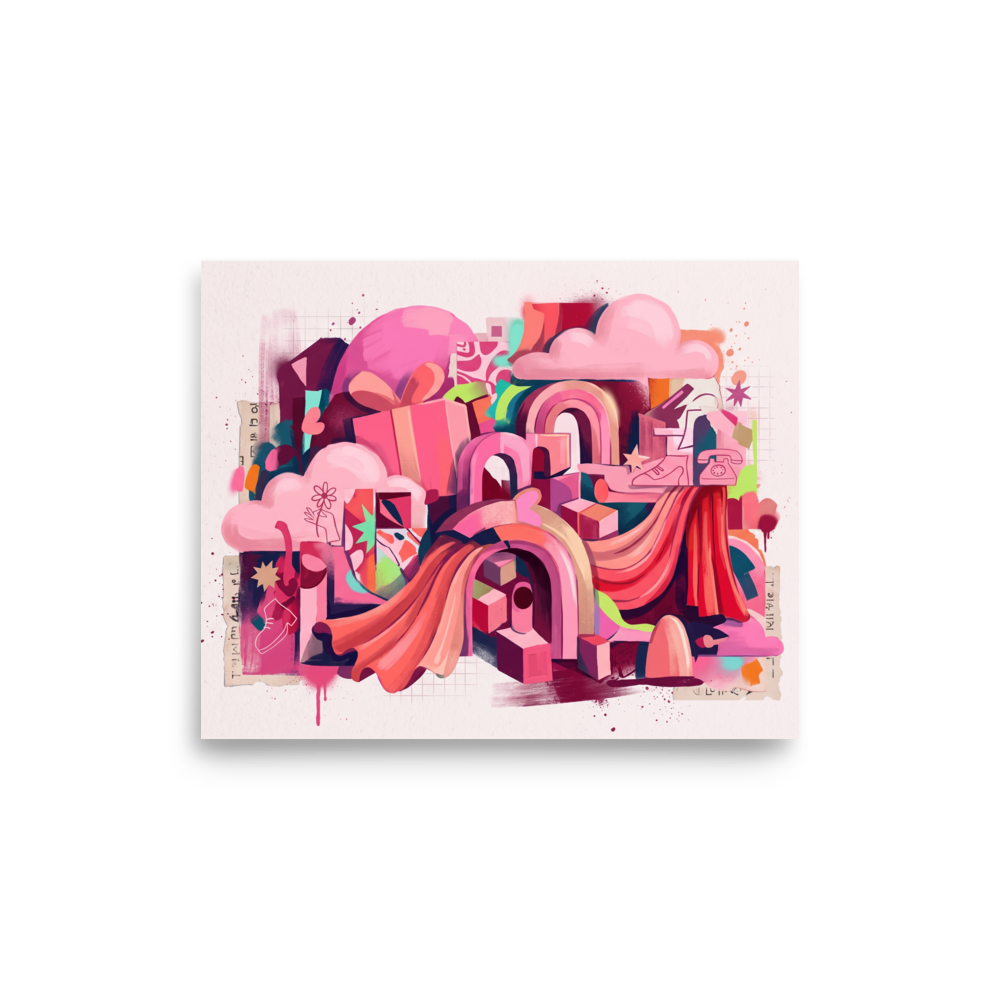 A vibrant digital collage of pink arches, floating clouds, and retro motifs like a vintage telephone, perfect for adding character to a modern living room. A Pop art print with a digital art look, titled 'Vibrant Archways of Memory'.