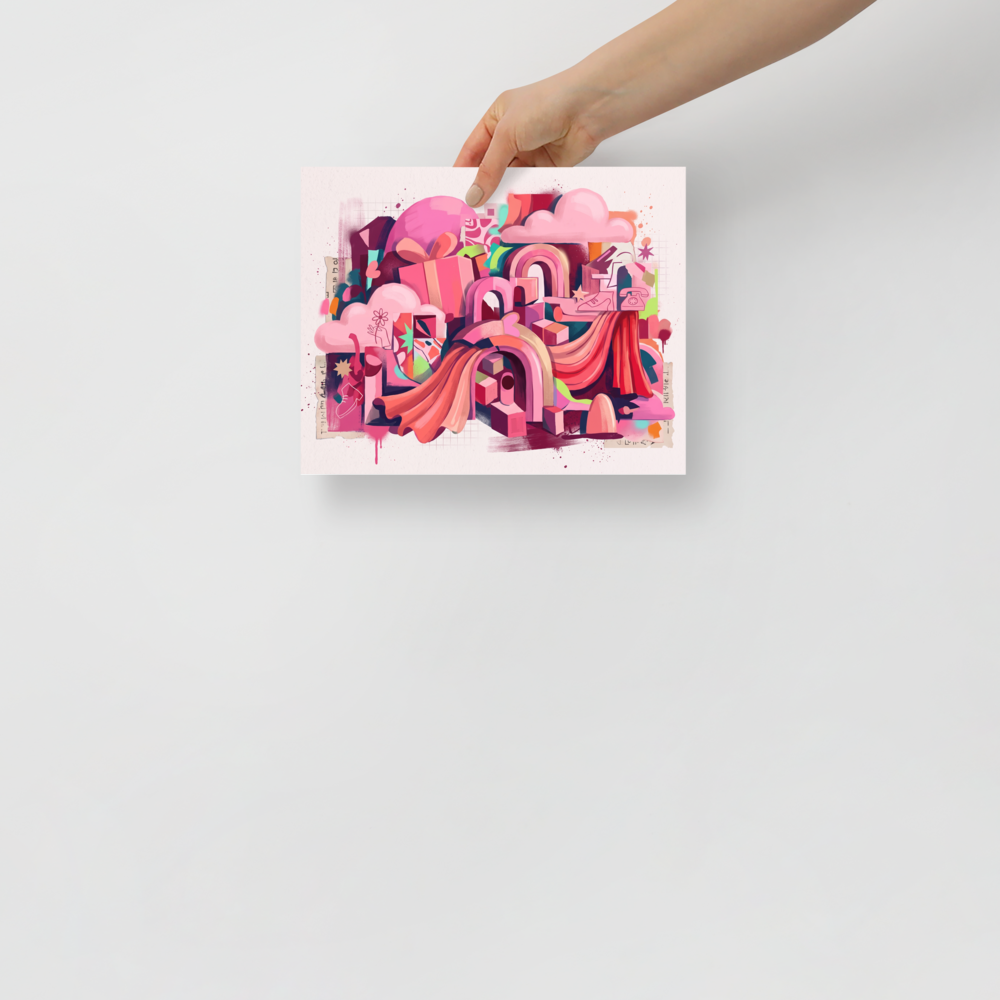 'Vibrant Archways of Memory', Pop art wall art in deep pink and coral. A vibrant digital collage of pink arches, floating clouds, and retro motifs like a vintage telephone, perfect for adding character to a modern living room.