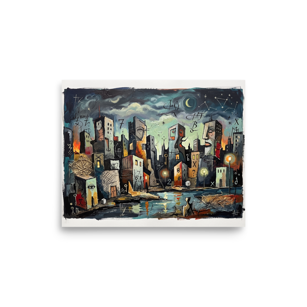 'Faces of the Harbor' by Meron. A surreal oil painting of an anthropomorphic harbor city with face-shaped buildings, glowing street lamps, and cryptic symbols under a starry night sky, ideal for a library or living room. A Dau-al-Set wall art print.